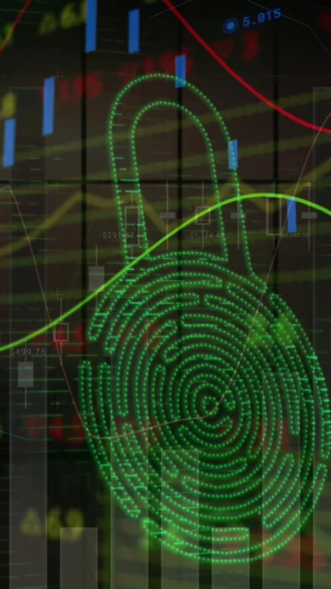 Security padlock icon and statistical data processing against black background Stock Footage 343503988