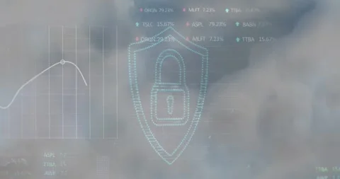 Security padlock icon and stock market data processing against clouds in the sky Stock Footage 330296662