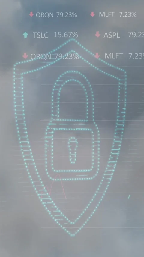 Security padlock icon and stock market data processing against clouds in the sky Stock Footage 342707184