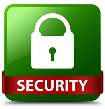 Security (padlock icon) green square button red ribbon in middle Stock Illustration