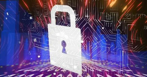 Security padlock icon over binary coding against cityscape 스톡 일러스트