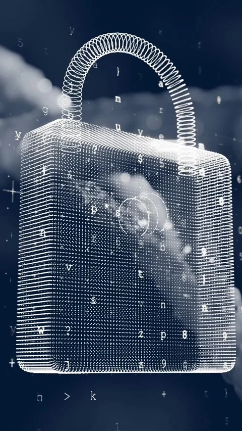 Security padlock icon over dna structure spinning against blue background Stock Footage 341918399