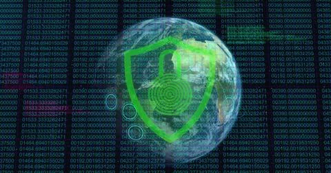 Security padlock icon over spinning globe against binary coding data processing 스톡 일러스트