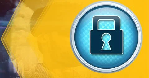 Security padlock icon over yellow technology background against man using vr Stock Illustration