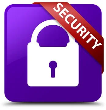 Security (padlock icon) purple square button red ribbon in corner Illustrazione stock