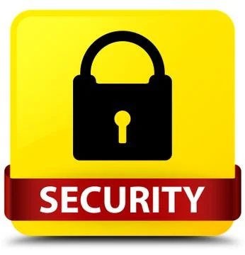 Security (padlock icon) yellow square button red ribbon in middle Illustrazione stock