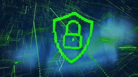 Security padlock icons and green light trails over abstract square shapes Stock Footage 330402336