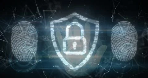 Security padlock icons and human hand scanning over fingerprint biometric Illustrazione stock