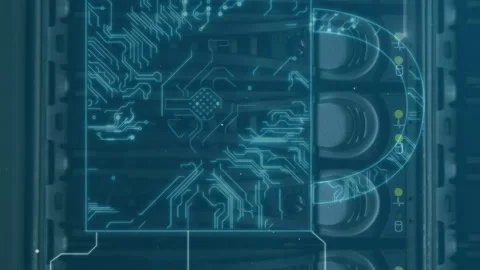 Security padlock icons and microprocessor connections against close up of Vídeo Stock 312409231
