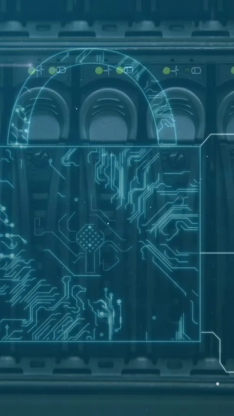 Security padlock icons and microprocessor connections against close up of Stock Footage 331649553