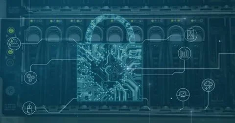 Security padlock icons and microprocessor connections against close up of Stock Illustration