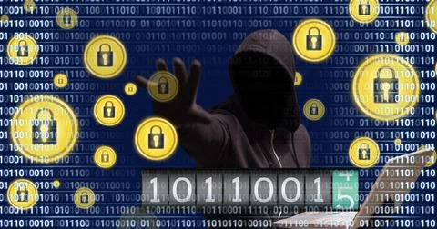 Security padlock icons over binary coding data processing against male hacker on Stock Photos