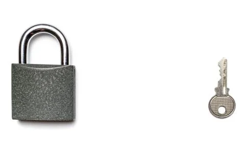Security padlock. Metal lock pad with key isolated on white background. Stock Photos