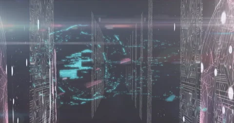 Security padlock over digital interface against screens of microprocessor Vídeo Stock 139897892