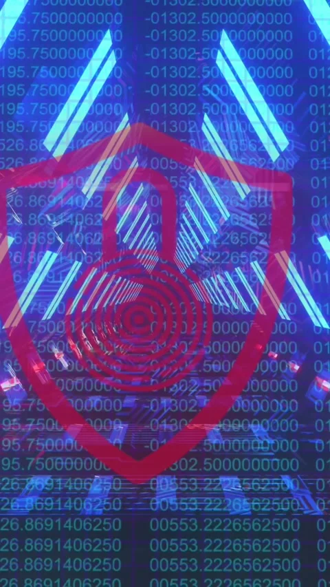 Security padlock over shield icon against glowing tunnel and binary coding data Stock Footage 323151397