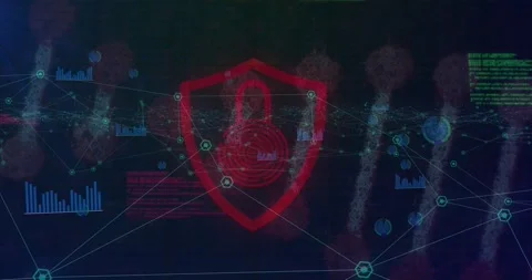 Security padlock over shield icon against network of digital icons and data Stock Footage 329225159
