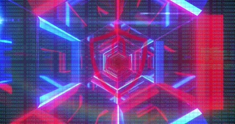 Security padlock over shield icon against neon tunnel against data processing Stock Footage 329863256