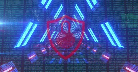 Security padlock over shield icon against glowing tunnel and binary coding data Stock Footage 329917477
