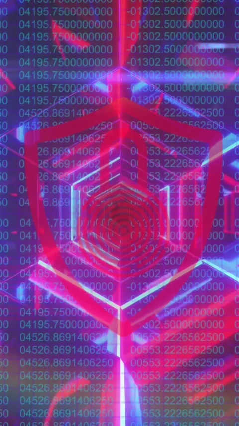 Security padlock over shield icon against neon tunnel against data processing Stock Footage 343643996