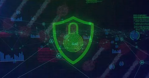 Security padlock over shield icon against network of digital icons and data 스톡 사진