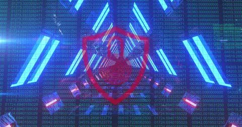 Security padlock over shield icon against glowing tunnel and binary coding data Stock Photos