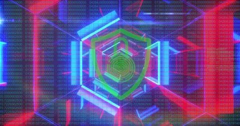 Security padlock over shield icon against neon tunnel against data processing Stock Photos