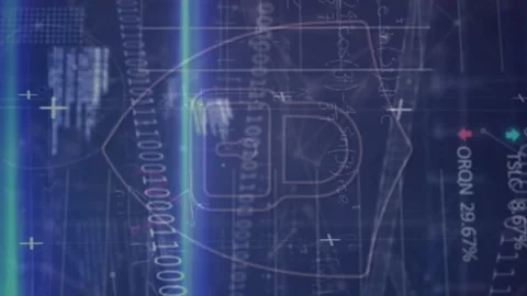Security padlock shield icon over network of connections against stock market Stock Footage 312524594