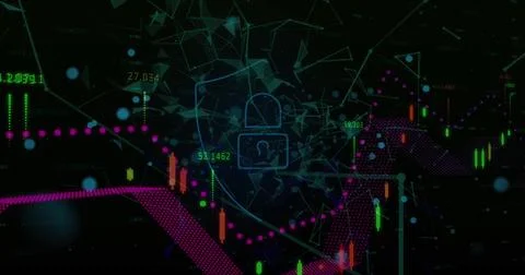 Security padlock shield icon over network of connections against financial Stock Illustration