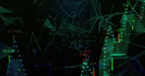 Security padlock shield icon over network of connections against financial 库存插图