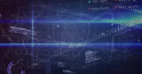 Security padlock shield icon over network of connections against stock market Ilustração Stock
