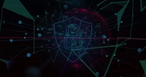Security padlock shield icon over network of connections against black 库存插图