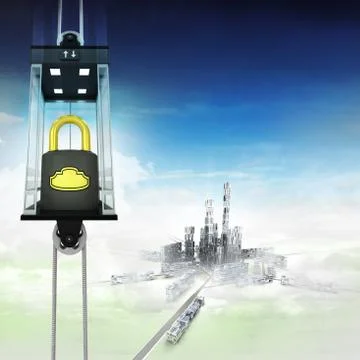 Security padlock in sky space elevator concept above city illustration Illustrazione stock