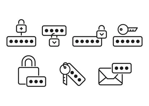 Security password of account with key, lock technology, line icons set. Perso Stock Illustration
