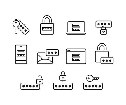 Security password of account with key, lock technology, line icons set. Per.. Stock Illustration