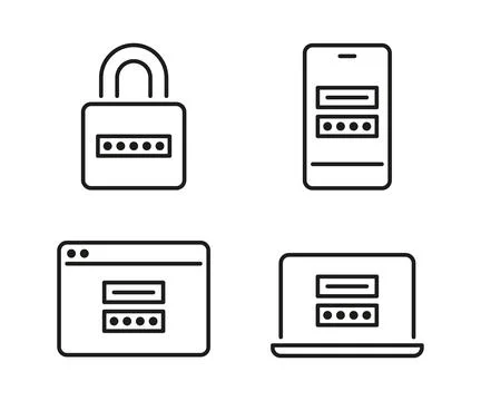 Security password, device lock technology, line icons set. Personal code on lock Illustrazione stock