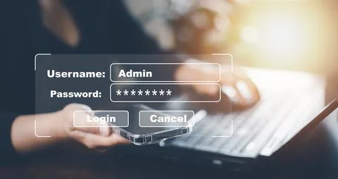 Security password login online concept Hands typing and entering username and Stock Photos