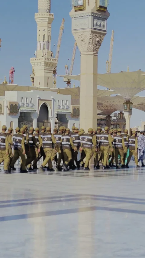 Security Patrol Marching at Prophet's Mosque, Medina Stock Footage 322221254