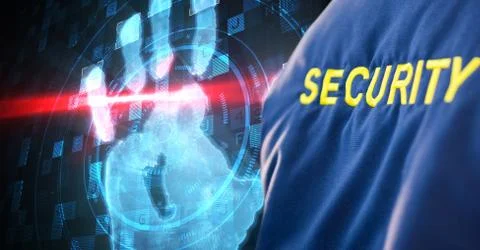 Security person with blue jacket in front of a digital hand Stock Photos