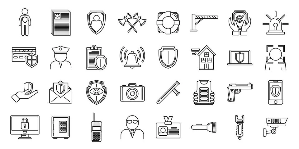 Security personal guard icons set, outline style Stock Illustration
