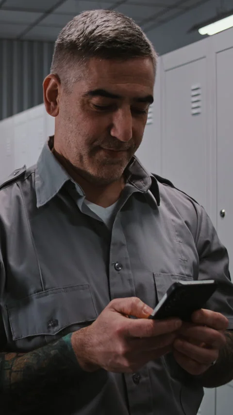 Security Personnel Viewing Smartphone Notifications at Locker in Staff Changing Stock Footage 334015601