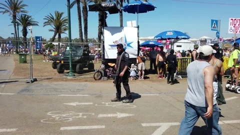 Security at the post among people while summer music concert in park Stock Footage 198175378