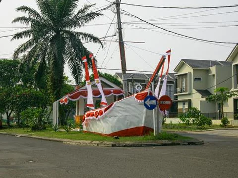 The security post is decorated with a red and white theme Stock Photos
