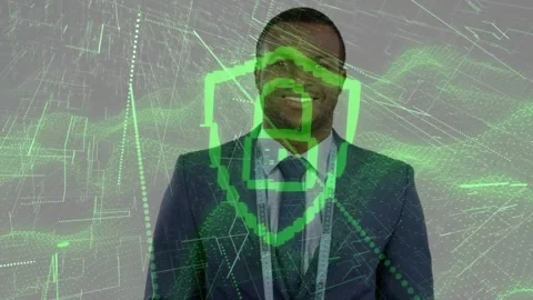 Security professional lifting lanyard and positioning badge with green shield Stock Footage 318260078