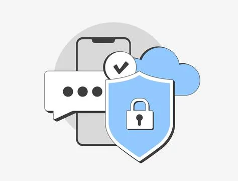 Security protection for mobile communication and cloud data with shield, padlock Illustrazione stock