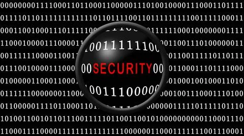 SECURITY red lettering shown in a magnifying lens in front of a black screen Stock Illustration