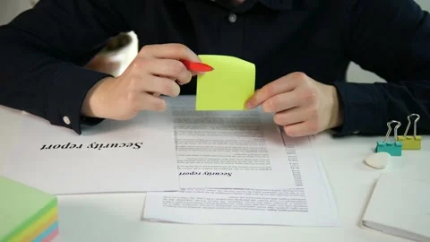 Security Report. A manager with a security report and a note sheet, thinking Stock-Footage 313046177