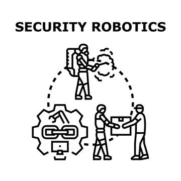 Security robots protecting area and linking digital systems 库存插图