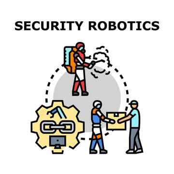 Security robots protecting area and linking digital systems 库存插图