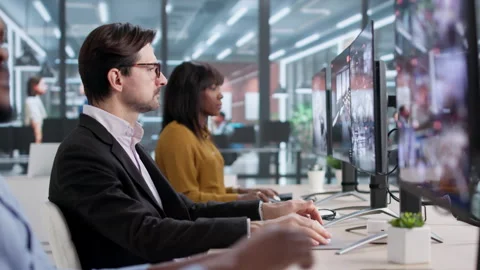 Security Room Equipped With Computers Showing Footage Video stock 329678898