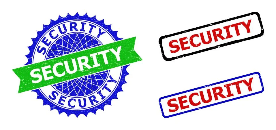 SECURITY Rosette and Rectangle Bicolor Stamp Seals with Distress Styles 스톡 일러스트